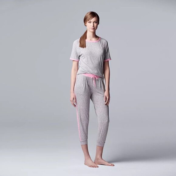 Simply Vera Wang Womens Gray Pink Short Sleeve Pockets Crop Pajama Sets Sz M New - Picture 9 of 12